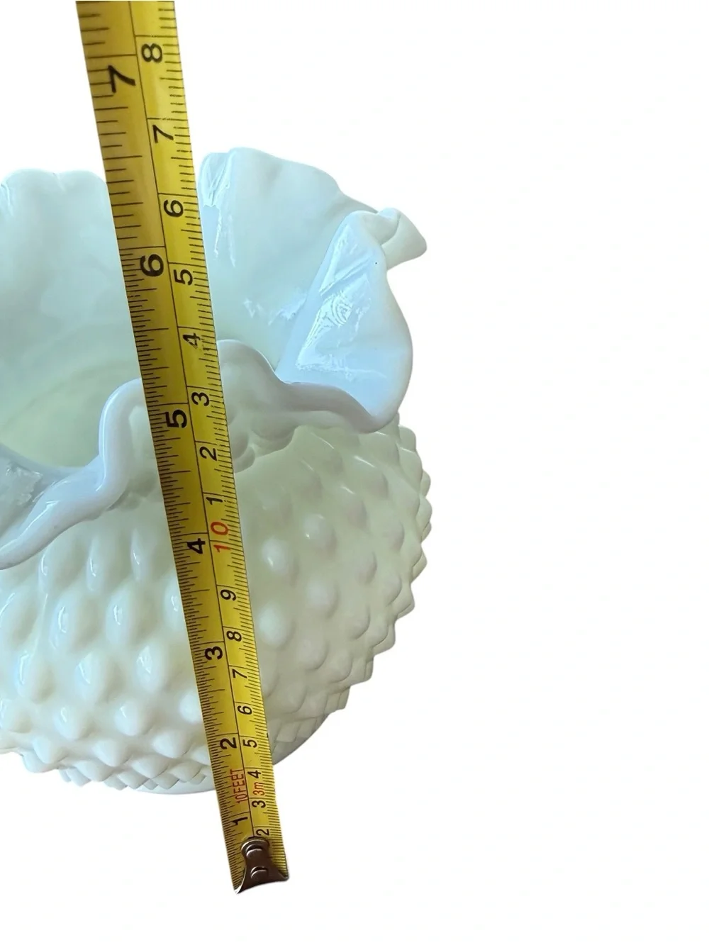 Vintage Fenton Hobnail Milk Glass Ruffled Top 5’’ Vase Rose Bowl